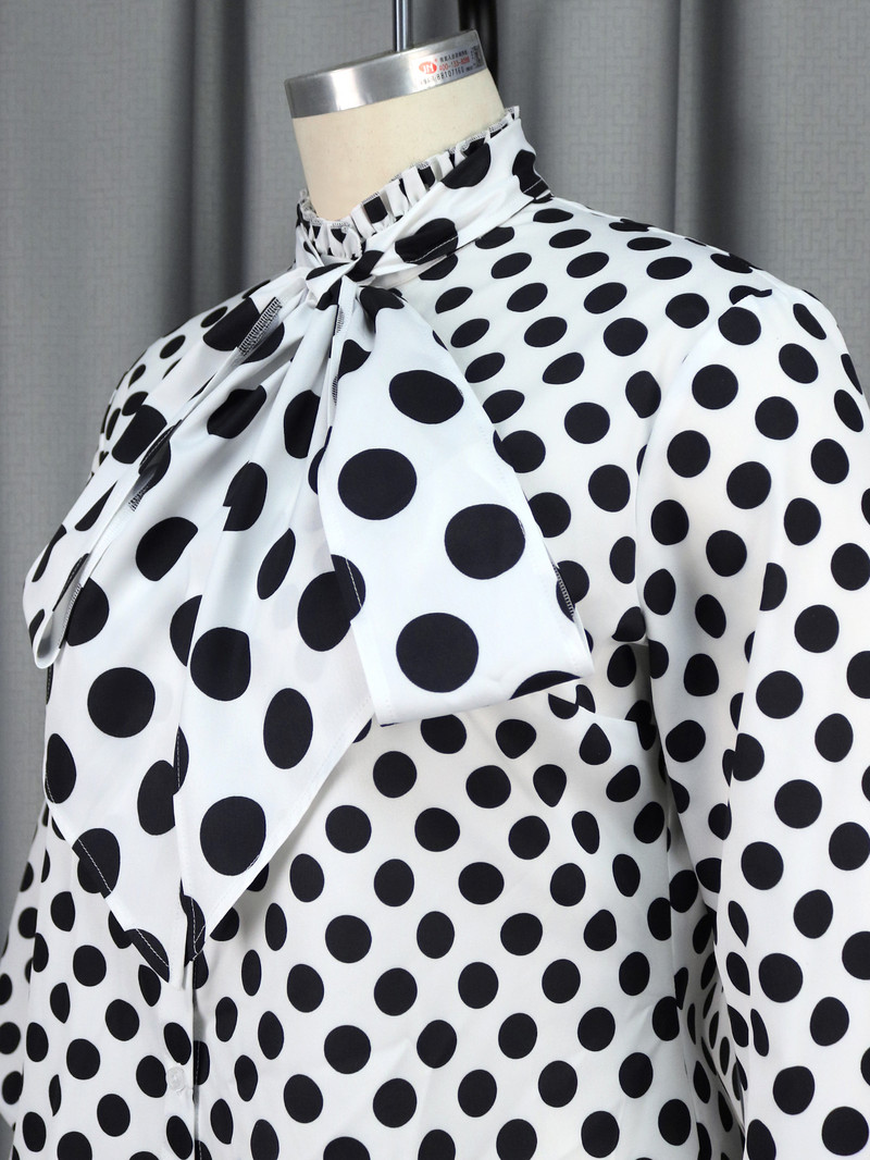 Bluza veće veličine za žene Crno-bijele duge rukave s dugmićima, svečane prigode, uredske dame, radne majice, majice s leptir-mašnom