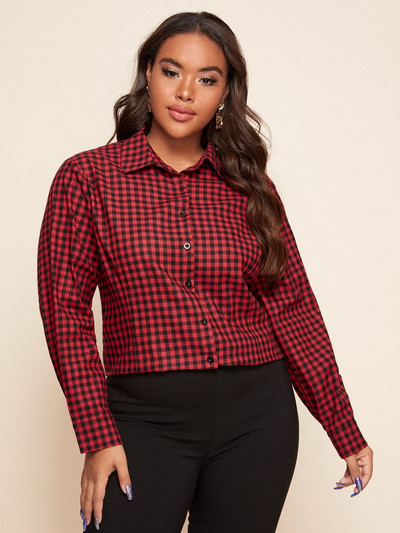 Finjani lielizmēra sieviešu blūze Gingham ziedu apdruka, apakšpuse nolaižama apkakle. Tops ikdienas apģērbs rudens jaunums