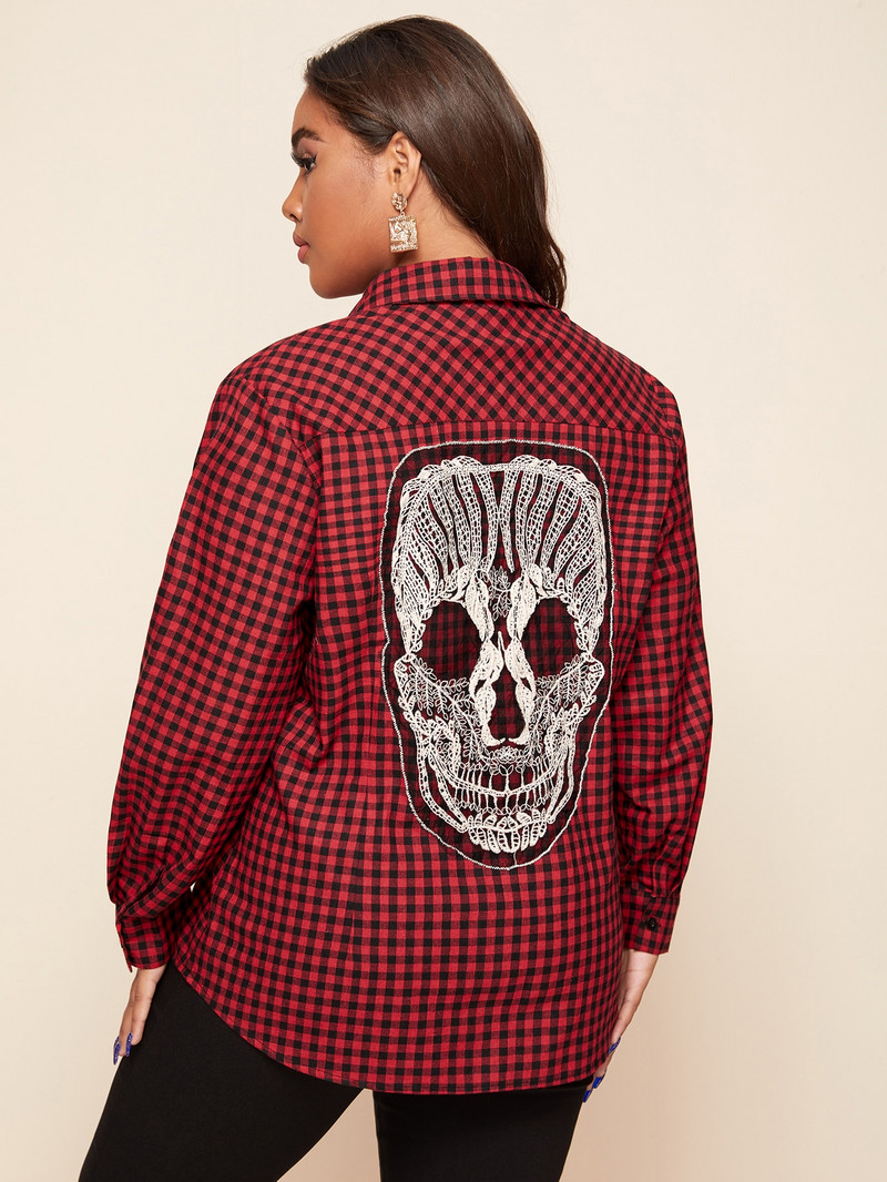 Finjani lielizmēra sieviešu blūze Gingham ziedu apdruka, apakšpuse nolaižama apkakle. Tops ikdienas apģērbs rudens jaunums