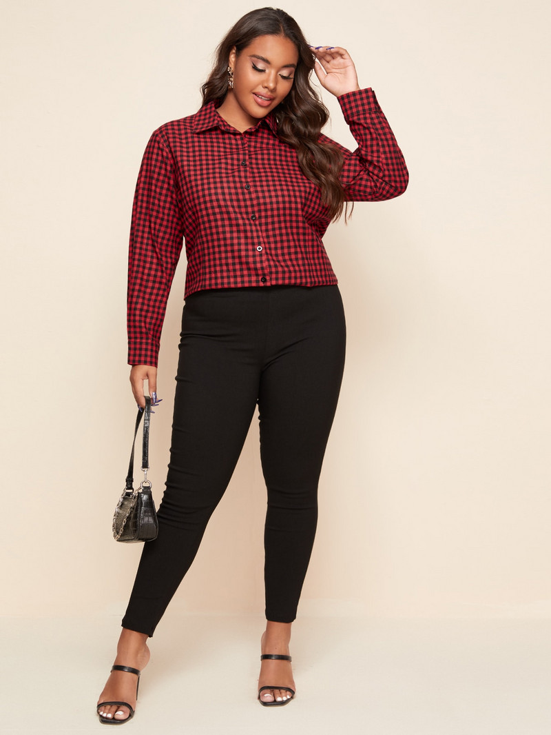 Finjani lielizmēra sieviešu blūze Gingham ziedu apdruka, apakšpuse nolaižama apkakle. Tops ikdienas apģērbs rudens jaunums