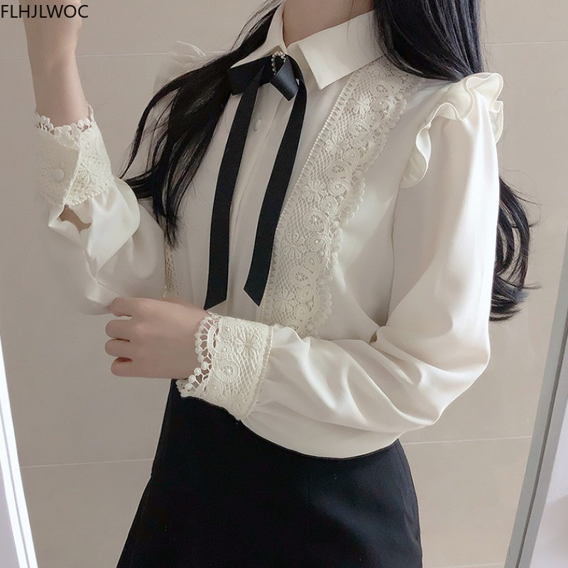 Rudens pavasara pamata biroja apģērbs sievietēm Sieviešu poga ar vienrindu, cieta Pētera Pena apkakle, balta krekli Blūzes