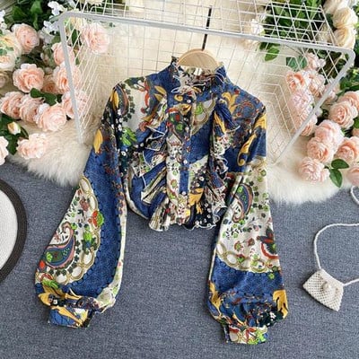 Cămăși noi Volane plisate Slim, elegant, mânecă lanternă, guler cu volane, Topuri imprimate, Camisa pentru femei, toamnă boema