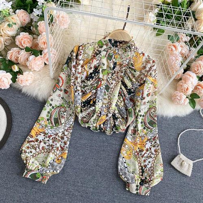 Cămăși noi Volane plisate Slim, elegant, mânecă lanternă, guler cu volane, Topuri imprimate, Camisa pentru femei, toamnă boema