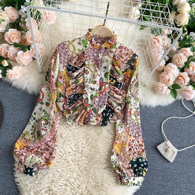 Cămăși noi Volane plisate Slim, elegant, mânecă lanternă, guler cu volane, Topuri imprimate, Camisa pentru femei, toamnă boema