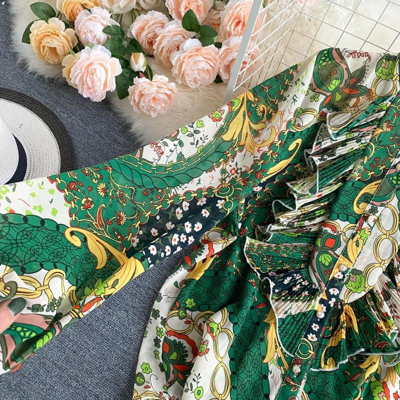 Cămăși noi Volane plisate Slim, elegant, mânecă lanternă, guler cu volane, Topuri imprimate, Camisa pentru femei, toamnă boema