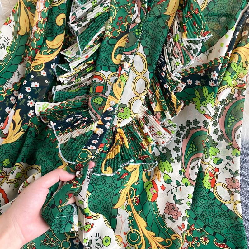 Cămăși noi Volane plisate Slim, elegant, mânecă lanternă, guler cu volane, Topuri imprimate, Camisa pentru femei, toamnă boema