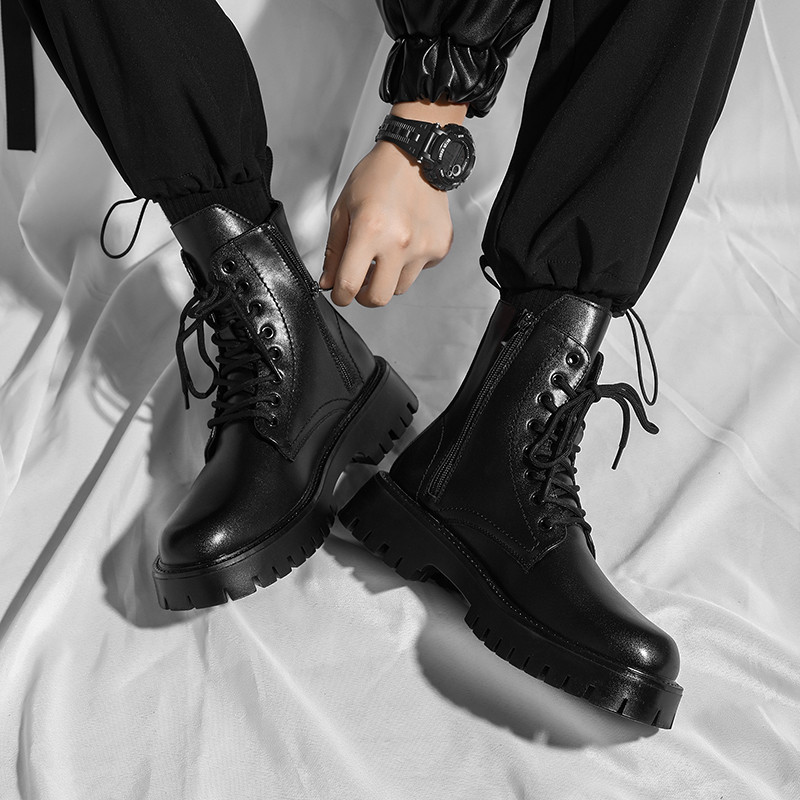 Martin čizme s kožnim patentnim zatvaračem s bočne strane Muške visoke kožne cipele Muške nove crne kratke čizme u britanskom stilu s debelim donjim dijelom