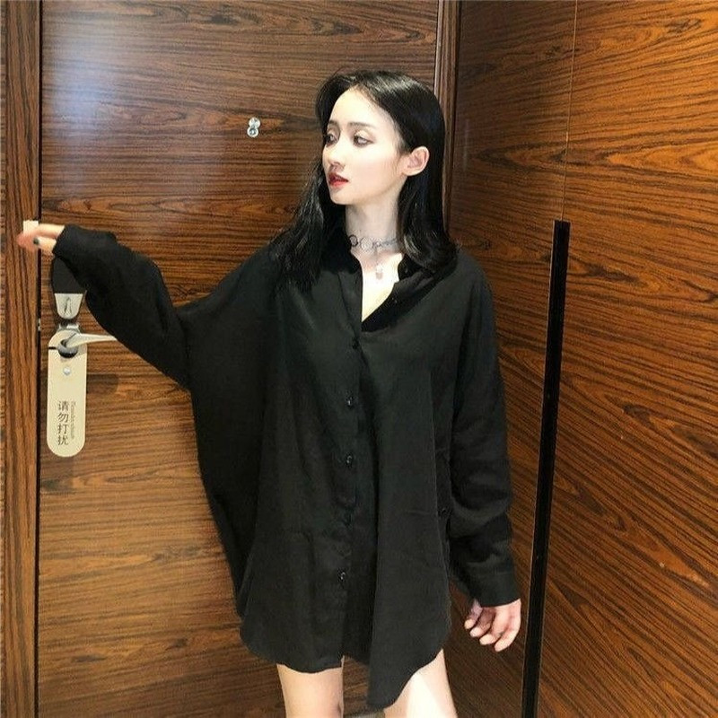 Sieviešu blūzes Šifona krekli ar garām piedurknēm pavasara melni BF Ulzzang brīvi, vispiemērotākie modes topi Šiki sieviešu studentu ikdienas vienkārši