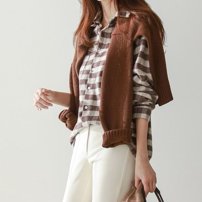 Νέα άφιξη Ανοιξιάτικη μόδα Γυναικεία μακρυμάνικο πουκάμισο Preppy στυλ με γυριστό γιακά Φαρδιά καρό μπλούζα Casual γυναικεία μπλουζάκια D222