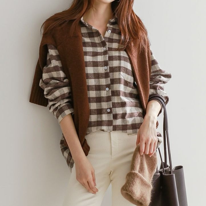 Νέα άφιξη Ανοιξιάτικη μόδα Γυναικεία μακρυμάνικο πουκάμισο Preppy στυλ με γυριστό γιακά Φαρδιά καρό μπλούζα Casual γυναικεία μπλουζάκια D222