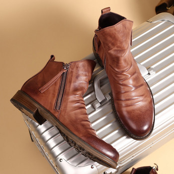 2023 Ботуши за мъже Удобни ретро боти до глезена Неплъзгащи се кожени мъжки обувки Каубойски ботуши Мъжки обувки Маратонки