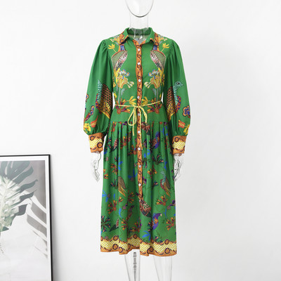 Birds Flower Printed Μακρύ Φόρεμα Γυναικείες Ζώνες Μονόστηθο Μεγάλη Κούνια Γιορταστικά Φορέματα με μακριά μανίκια με φανάρι Καλοκαιρινή ρόμπα σε Α γραμμή