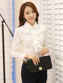 Γυναικεία μπλούζα πουκάμισο μόδας βολάν Γυναικεία λευκά μαύρα μπλούζες γραφείου Γυναικεία ρούχα Άνοιξη Νέα άφιξη Σιφόν Μακρυμάνικο