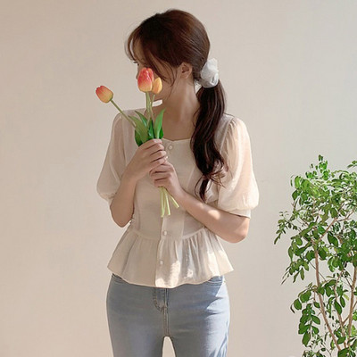 Χαριτωμένα γλυκά βολάν Peplum μπλουζάκια Καλοκαιρινό κορεατικό κομψό Japan Style Flhjlwoc Preppy Girls Ημιδιάφανο πουκάμισο Γυναικείες τοπ μπλούζες