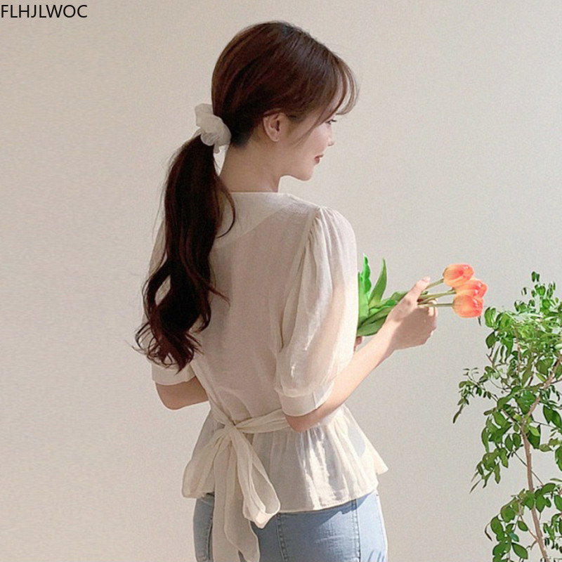 Χαριτωμένα γλυκά βολάν Peplum μπλουζάκια Καλοκαιρινό κορεατικό κομψό Japan Style Flhjlwoc Preppy Girls Ημιδιάφανο πουκάμισο Γυναικείες τοπ μπλούζες