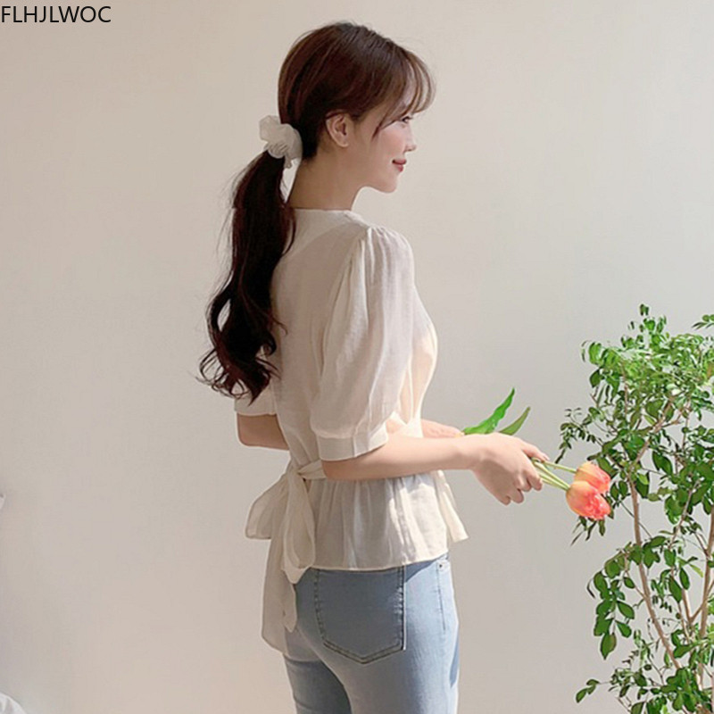 Χαριτωμένα γλυκά βολάν Peplum μπλουζάκια Καλοκαιρινό κορεατικό κομψό Japan Style Flhjlwoc Preppy Girls Ημιδιάφανο πουκάμισο Γυναικείες τοπ μπλούζες