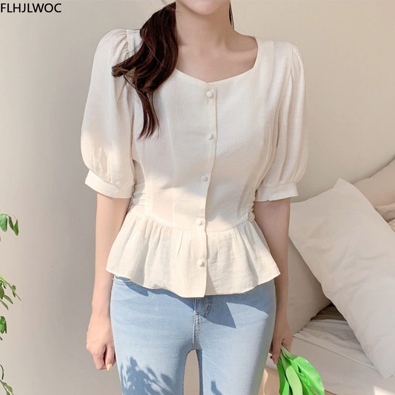 Χαριτωμένα γλυκά βολάν Peplum μπλουζάκια Καλοκαιρινό κορεατικό κομψό Japan Style Flhjlwoc Preppy Girls Ημιδιάφανο πουκάμισο Γυναικείες τοπ μπλούζες