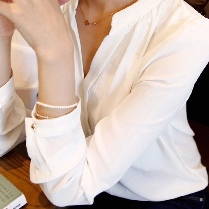Μόδα Γυναικεία μασίφ λευκά πουκάμισα Γυναικεία ρούχα εργασίας Άνοιξη φθινόπωρο μακρυμάνικη μπλούζα από σιφόν Γυναικεία κομψά μπλουζάκια με λαιμόκοψη