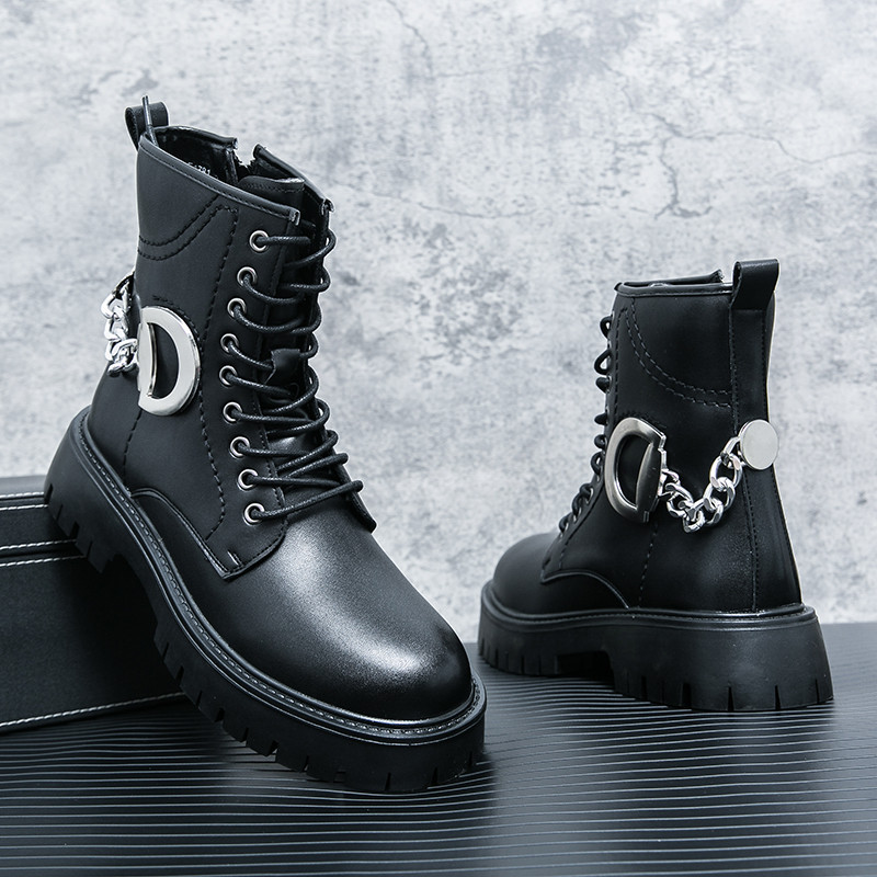 2023 Cizme noi de piele cu talpă groasă Cizme scurte pentru bărbați Cizme de motocicletă de modă Cizme de scule Cizme de luptă în aer liber înalte cu 8 găuri