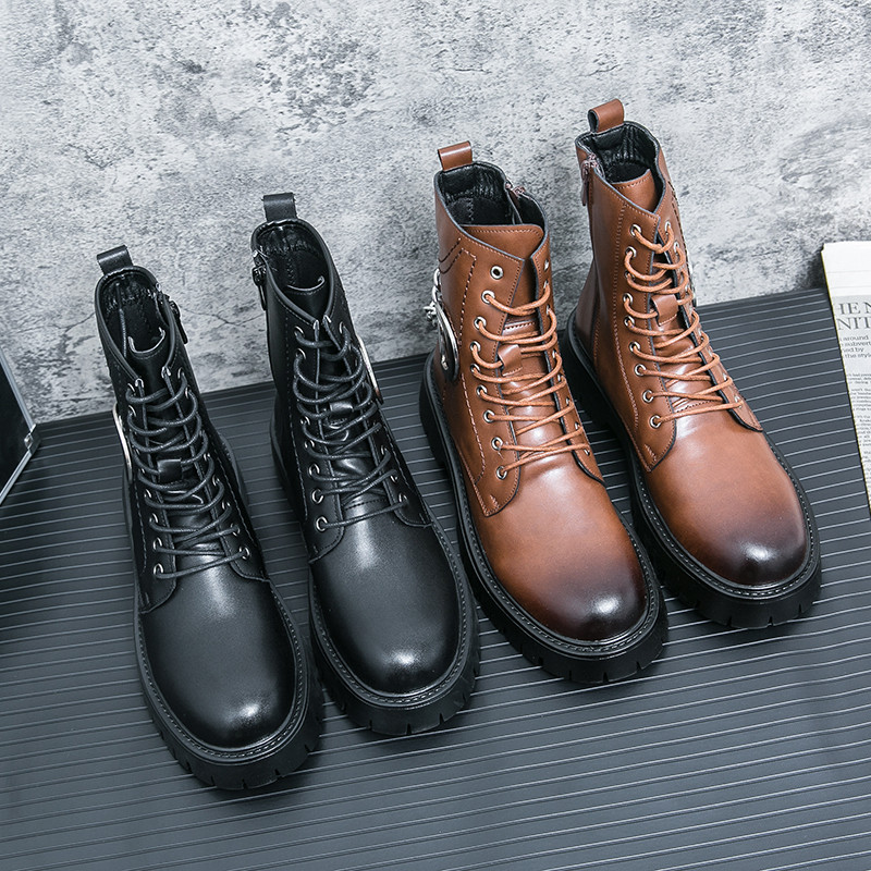 2023 Cizme noi de piele cu talpă groasă Cizme scurte pentru bărbați Cizme de motocicletă de modă Cizme de scule Cizme de luptă în aer liber înalte cu 8 găuri