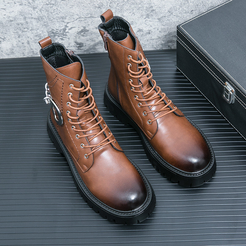 2023 Cizme noi de piele cu talpă groasă Cizme scurte pentru bărbați Cizme de motocicletă de modă Cizme de scule Cizme de luptă în aer liber înalte cu 8 găuri