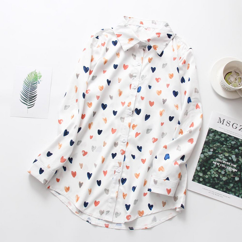New Arrival Γυναικεία πολύχρωμη ζωγραφιά Love Heart Print Μακρυμάνικο λευκό πουκάμισο μπλούζα με γυριστό γιακά Κομψή μπλούζα T97503F