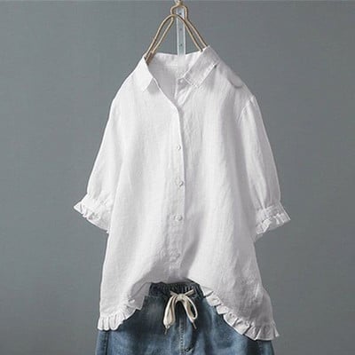 Tricouri vintage din bumbac și in pentru femei Bluze cu mânecă scurtă de vară de culoare uni Volane Tricouri dulci Topuri Streetwear Tricouri casual