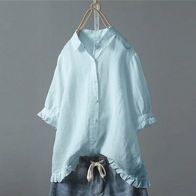 Tricouri vintage din bumbac și in pentru femei Bluze cu mânecă scurtă de vară de culoare uni Volane Tricouri dulci Topuri Streetwear Tricouri casual