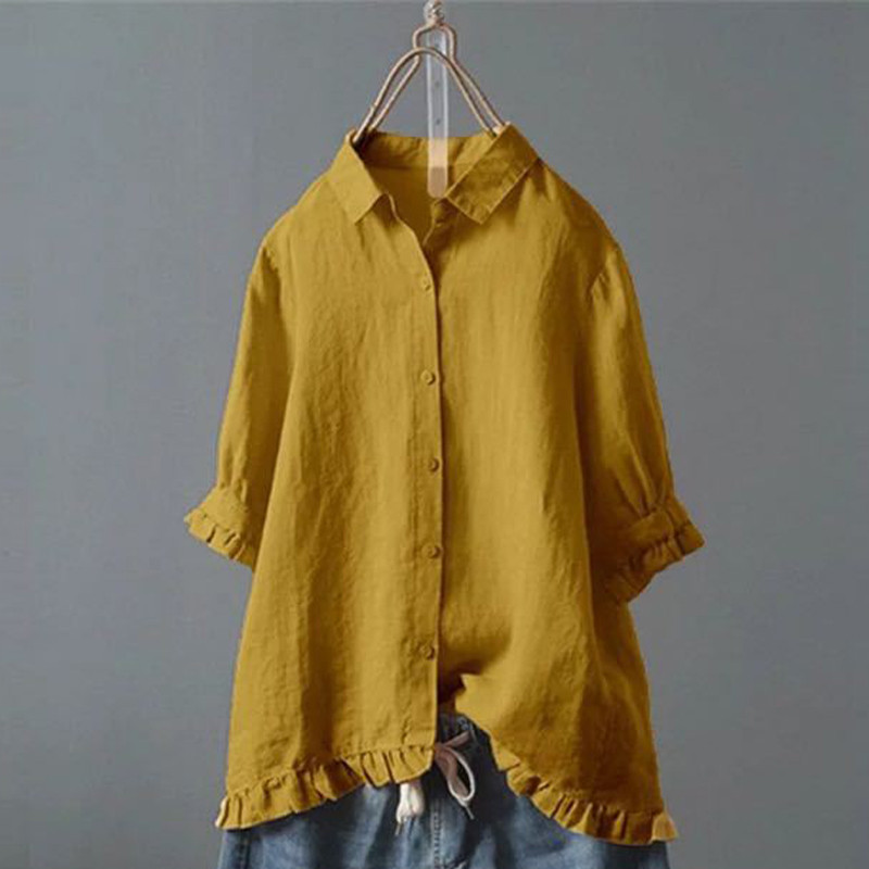 Tricouri vintage din bumbac și in pentru femei Bluze cu mânecă scurtă de vară de culoare uni Volane Tricouri dulci Topuri Streetwear Tricouri casual