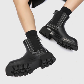 Ежедневни ботуши с квадратни пръсти за мъже и жени Мотоциклетни ботуши от кожа Дизайн с цип Мъжки ботуши Обувки с плъзгаща се платформа