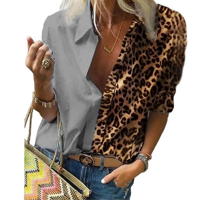 Office Lady cu mânecă lungă leopard patchwork cămașă bloc de culoare femei bluză șifon casual topuri marimi mari