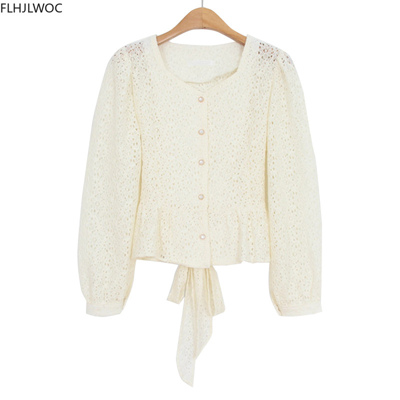 Izdubljena heklana čipkana šik kratke kratke majice slatke Lolita slatke djevojke Bluza s leptir mašnom na vezanje i jednoredno kopčanje