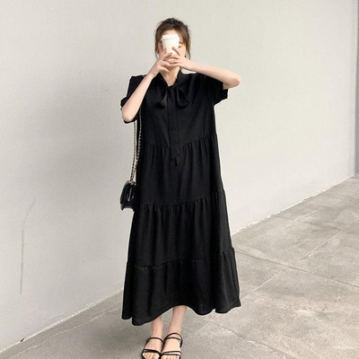 Vasaros nauja solidi, klostuota, suvarstoma, ilga suknelė, trumpomis rankovėmis, palaida, didelio dydžio, laisvalaikio suknelės Paprasti madingi moteriški drabužiai