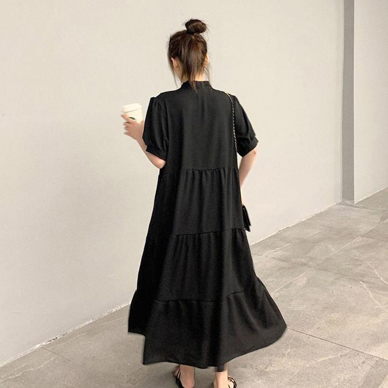 Vasaros nauja solidi, klostuota, suvarstoma, ilga suknelė, trumpomis rankovėmis, palaida, didelio dydžio, laisvalaikio suknelės Paprasti madingi moteriški drabužiai