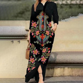 Rochie de tip cămașă largi cu imprimeu de flori de epocă la modă la birou, la guler cu rever, rochie de petrecere cu nasturi, 2023, pentru femei, ocazional, rochii lungi cu mânecă lungă