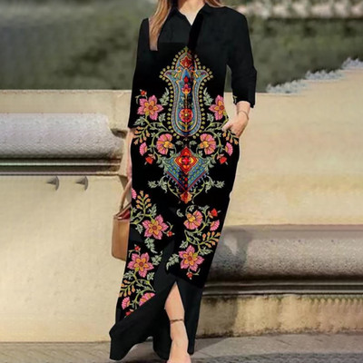 Rochie de tip cămașă largi cu imprimeu de flori de epocă la modă la birou, la guler cu rever, rochie de petrecere cu nasturi, 2023, pentru femei, ocazional, rochii lungi cu mânecă lungă