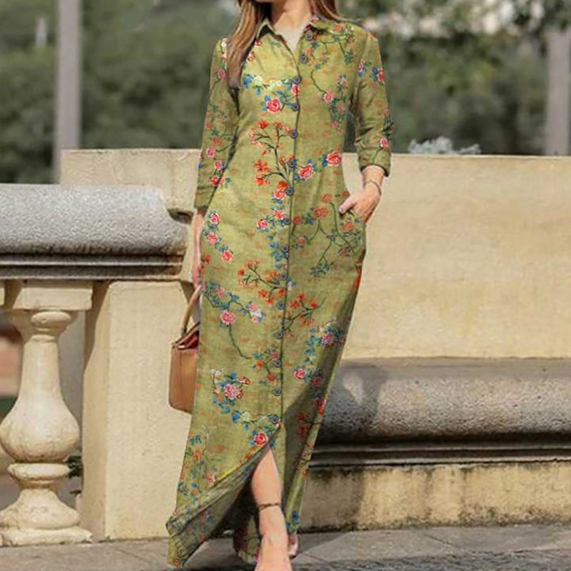 Rochie de tip cămașă largi cu imprimeu de flori de epocă la modă la birou, la guler cu rever, rochie de petrecere cu nasturi, 2023, pentru femei, ocazional, rochii lungi cu mânecă lungă