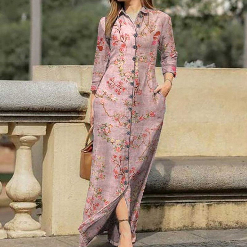 Rochie de tip cămașă largi cu imprimeu de flori de epocă la modă la birou, la guler cu rever, rochie de petrecere cu nasturi, 2023, pentru femei, ocazional, rochii lungi cu mânecă lungă