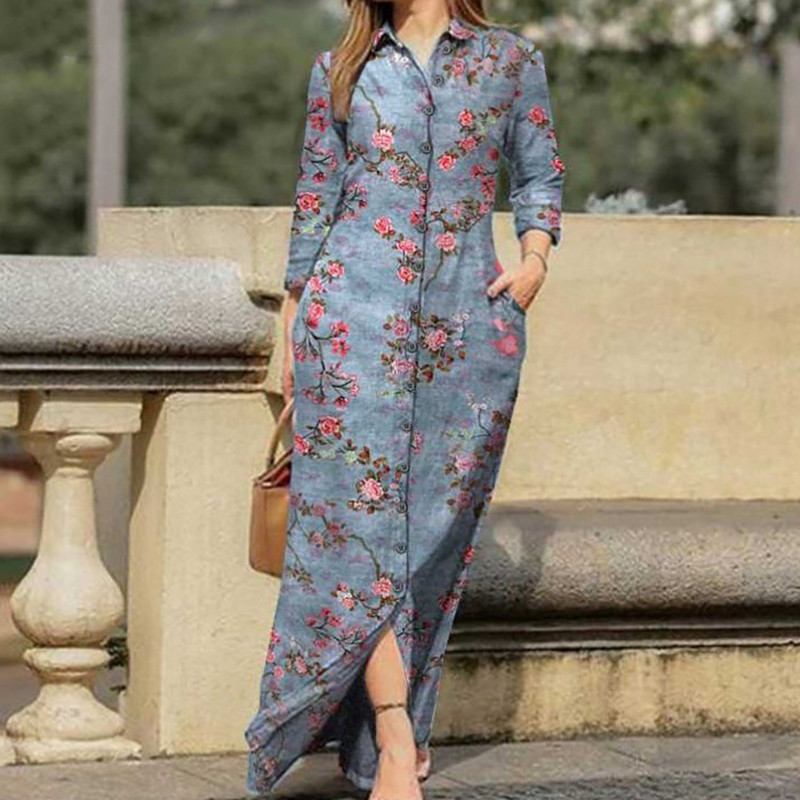 Rochie de tip cămașă largi cu imprimeu de flori de epocă la modă la birou, la guler cu rever, rochie de petrecere cu nasturi, 2023, pentru femei, ocazional, rochii lungi cu mânecă lungă
