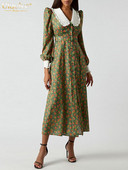 Clacive Fashion Print Office Rochii Femei 2023 Elegante Guler Papusa Maneca Lunga Rochie Midi Casual Rochie Femeie cu un singur san