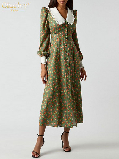Clacive Fashion Print Office Rochii Femei 2023 Elegante Guler Papusa Maneca Lunga Rochie Midi Casual Rochie Femeie cu un singur san