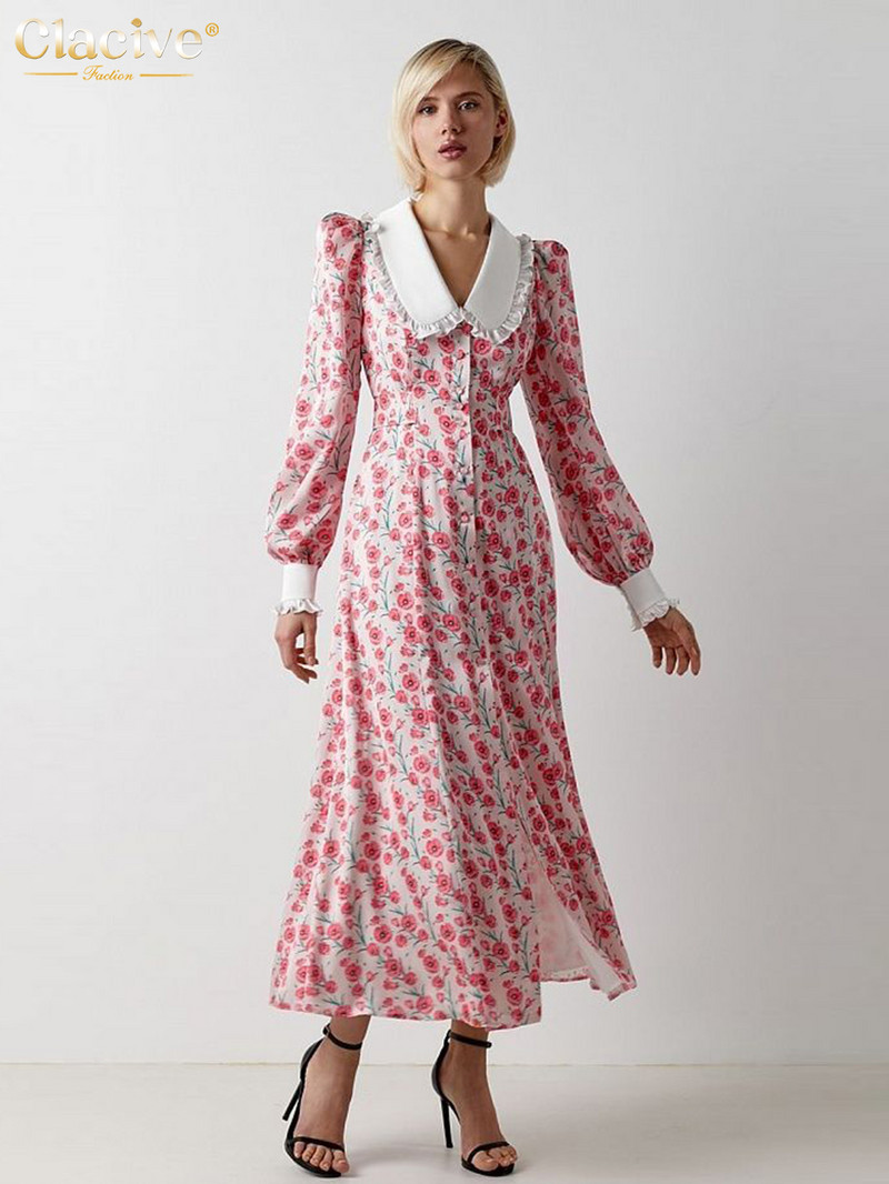 Clacive Fashion Print Office Rochii Femei 2023 Elegante Guler Papusa Maneca Lunga Rochie Midi Casual Rochie Femeie cu un singur san