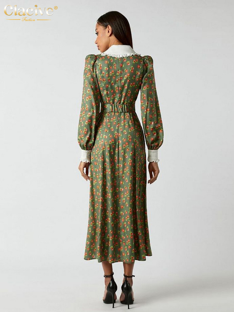 Clacive Fashion Print Office Rochii Femei 2023 Elegante Guler Papusa Maneca Lunga Rochie Midi Casual Rochie Femeie cu un singur san