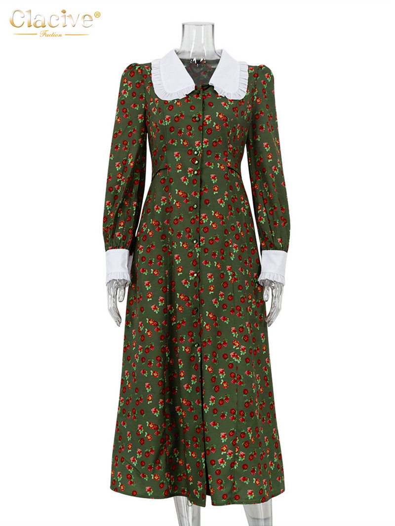 Clacive Fashion Print Office Rochii Femei 2023 Elegante Guler Papusa Maneca Lunga Rochie Midi Casual Rochie Femeie cu un singur san