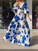 Κομψό εμπριμέ γυναικείο μάξι φόρεμα με πλισέ, σέξι βαθύ λαιμόκοψη με μεσαίο μανίκι, μακρύ Vestido, 2023, καλοκαιρινή γυναικεία ρόμπα για πάρτι