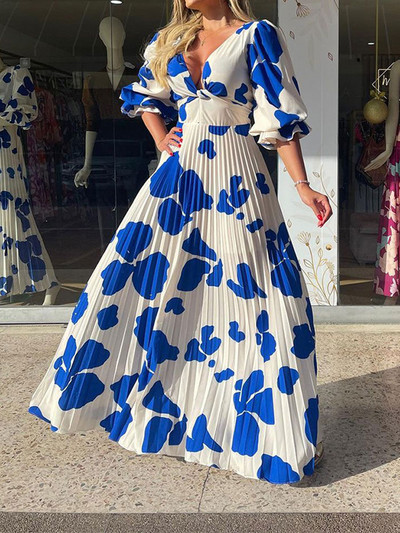 Κομψό εμπριμέ γυναικείο μάξι φόρεμα με πλισέ, σέξι βαθύ λαιμόκοψη με μεσαίο μανίκι, μακρύ Vestido, 2023, καλοκαιρινή γυναικεία ρόμπα για πάρτι