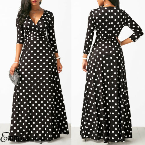 Rochie lungă cu mânecă lungă cu decolteu în V pentru femei, ocazională cu buline, rochie lungă pentru femei, rochie lungă pentru plajă