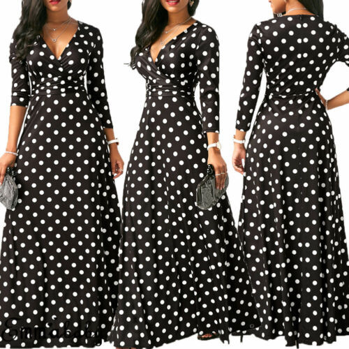 Rochie lungă cu mânecă lungă cu decolteu în V pentru femei, ocazională cu buline, rochie lungă pentru femei, rochie lungă pentru plajă