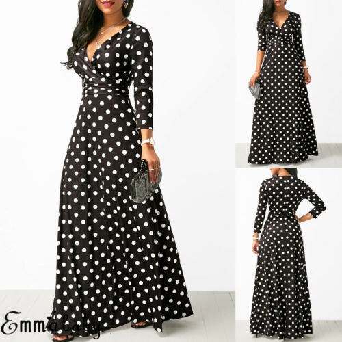 Rochie lungă cu mânecă lungă cu decolteu în V pentru femei, ocazională cu buline, rochie lungă pentru femei, rochie lungă pentru plajă