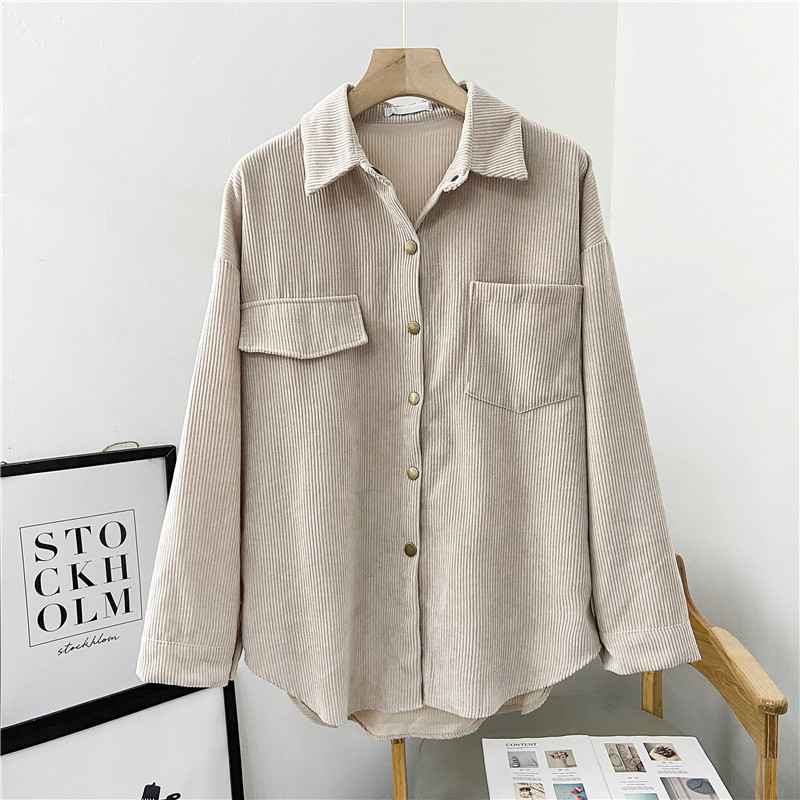 Γυναικείες μπλούζες Κοτλέ μασίφ πουκάμισα casual τσέπες μακριά μανίκια με γυριστό γιακά Κορεάτικο στυλ Vintage απλό φθινόπωρο με κουμπιά επάνω INS